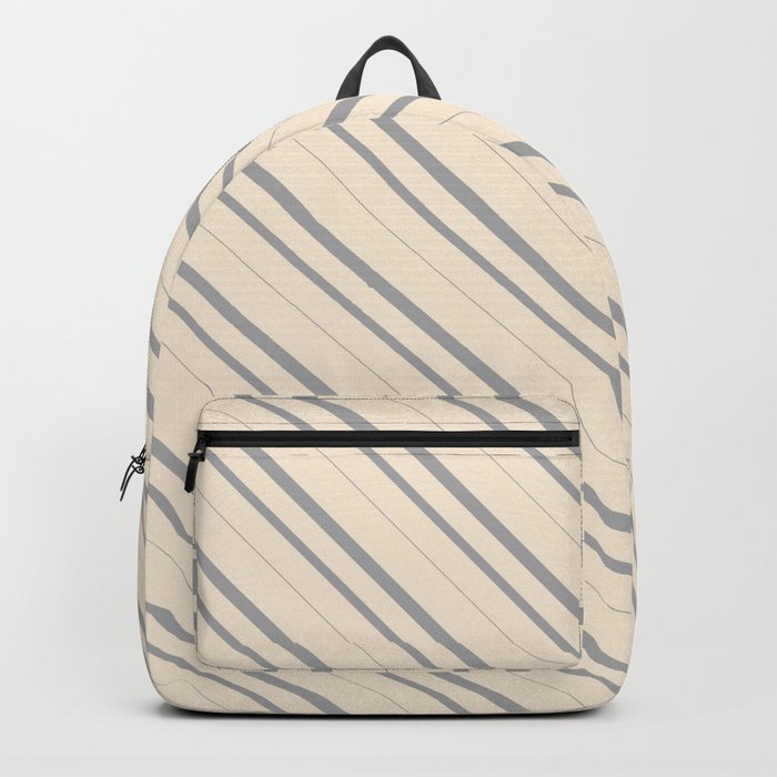 Beige & Dark Grey Colored Lined Pattern Backpack