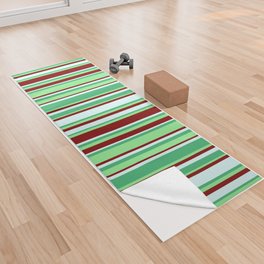 [ Thumbnail: Sea Green, Light Green, Maroon, and Light Cyan Colored Striped Pattern Yoga Towel ]