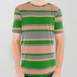 [ Thumbnail: Grey, Dark Salmon & Green Colored Lines Pattern All Over Graphic Tee ]