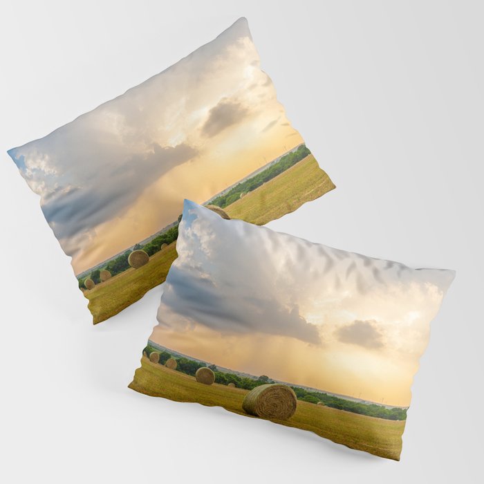 The Best of Times - Round Hay Bales Under a Stormy Sky Filled with Golden Sunlight in Oklahoma Pillow Sham
