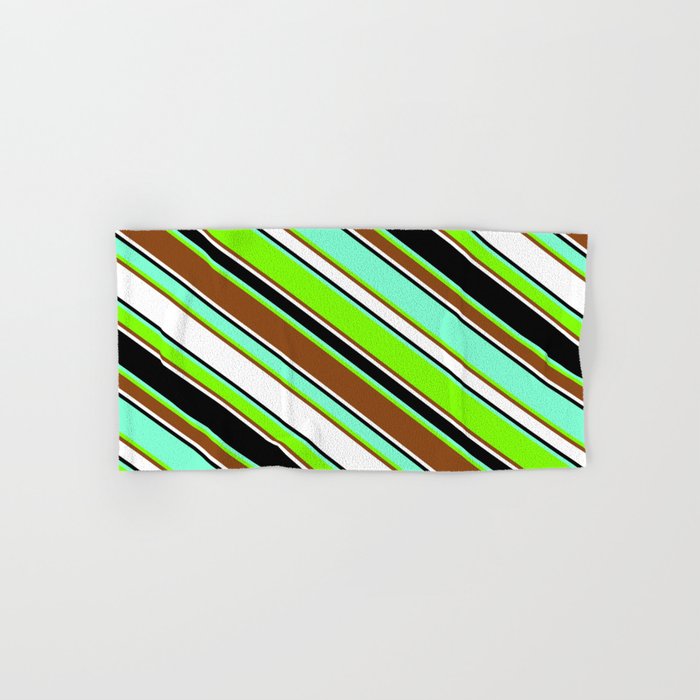 Aquamarine, Chartreuse, Brown, White, and Black Colored Striped/Lined Pattern Hand & Bath Towel
