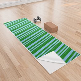 [ Thumbnail: Light Sky Blue & Green Colored Pattern of Stripes Yoga Towel ]