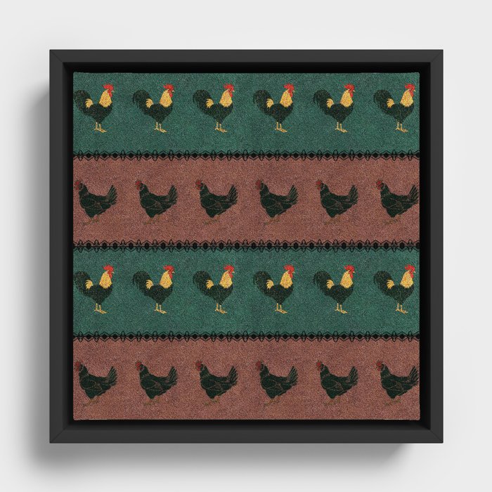 Rooster and Hen in Velvety Rustic Pattern Framed Canvas