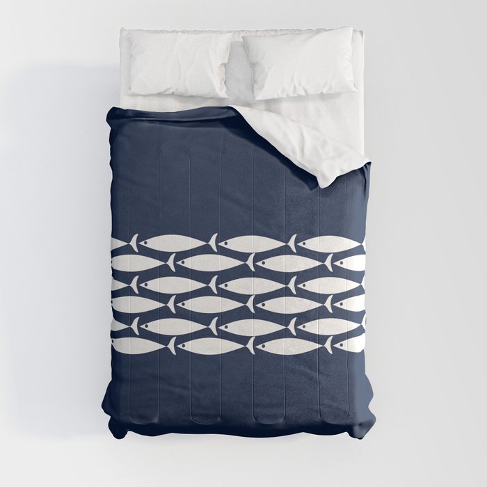 Fish Stripe 6 Minimalist Midcentury Modern Ocean Pattern in White and Nautical Navy Blue Comforter