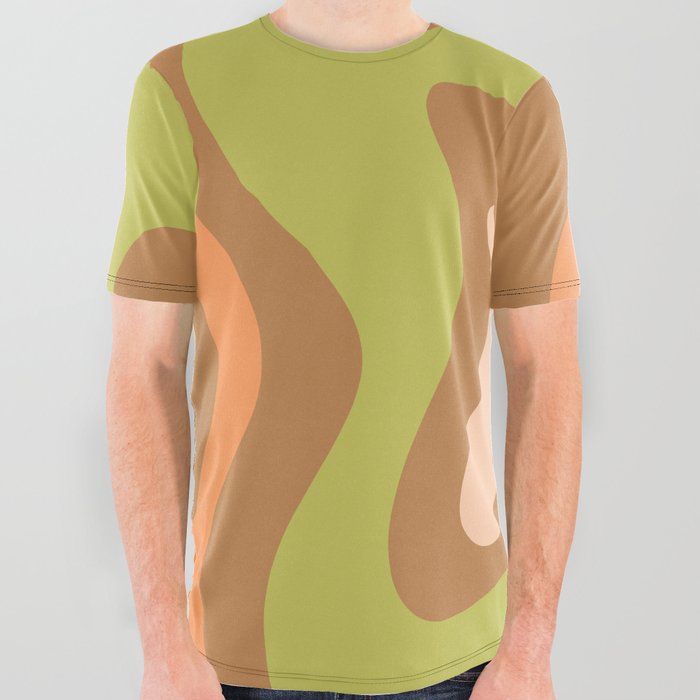 Retro Liquid Swirl Abstract Pattern Square in Light Brown Green Yellow Orange Blush All Over Graphic Tee