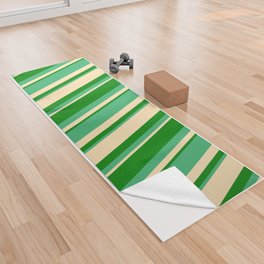 [ Thumbnail: Sea Green, Green & Beige Colored Striped/Lined Pattern Yoga Towel ]