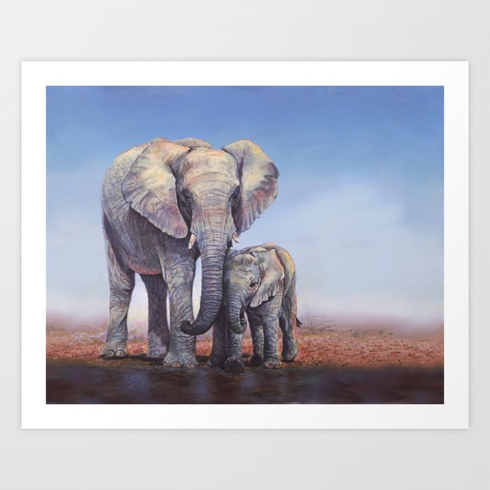 Elephants Mom Baby Art Print