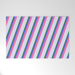 [ Thumbnail: Lavender, Green, Royal Blue & Hot Pink Colored Pattern of Stripes Welcome Mat ]