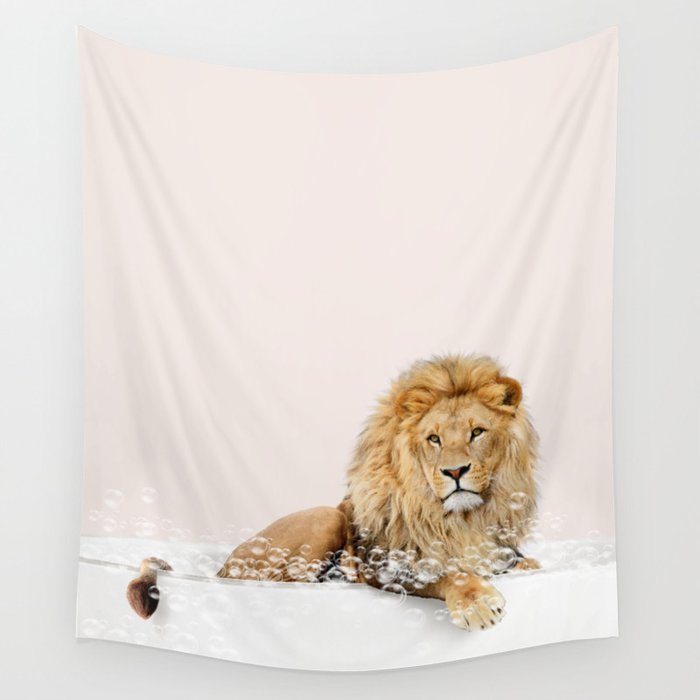 Lion in a Bathtub, Lion Taking a Bath, Lion Bathing, Whimsy Animal Art Print By Synplus Wall Tapestry