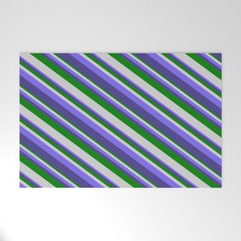 [ Thumbnail: Green, Light Gray, Medium Slate Blue, and Dark Slate Blue Colored Striped Pattern Welcome Mat ]