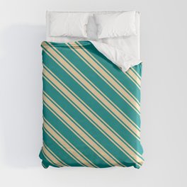 [ Thumbnail: Dark Cyan and Tan Colored Striped Pattern Duvet Cover ]