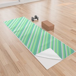 [ Thumbnail: Aquamarine, Green, and Lavender Colored Lined/Striped Pattern Yoga Towel ]