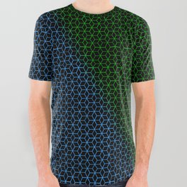Green / Blue on Black Cube Mesh All Over Graphic Tee