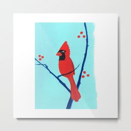 Cardinal Winter Berries Metal Print | Painting, Winter, Gouache, Graphicart, Branches, Birdart, Artprint, Blue, Redberries, Cardinal 