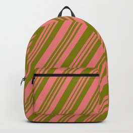 [ Thumbnail: Light Coral & Green Colored Striped/Lined Pattern Backpack ]