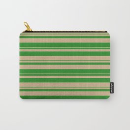 [ Thumbnail: Forest Green and Tan Colored Striped/Lined Pattern Carry-All Pouch ]