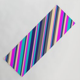[ Thumbnail: Midnight Blue, Dim Gray, Beige, Fuchsia, and Dark Turquoise Colored Lines/Stripes Pattern Yoga Mat ]
