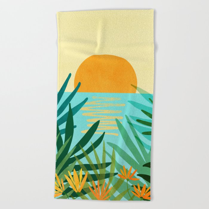 Tropical Ocean View Landscape Illustration Beach Towel