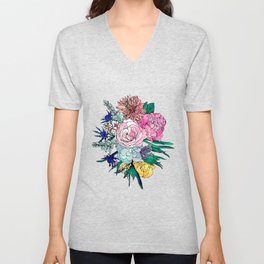 Stylish Colorful Watercolor Floral Pattern V Neck T Shirt