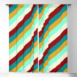 [ Thumbnail: Eye-catching Dark Cyan, Goldenrod, Aquamarine, Beige, and Dark Red Colored Lined Pattern Blackout Curtain ]