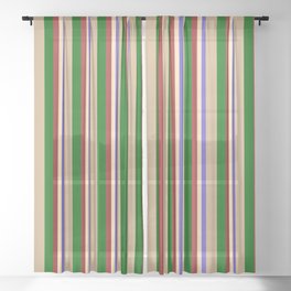 [ Thumbnail: Colorful Slate Blue, Beige, Brown, Dark Green, and Tan Colored Lines Pattern Sheer Curtain ]