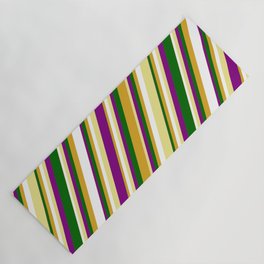 [ Thumbnail: Tan, Purple, Dark Green, Goldenrod, and White Colored Lined/Striped Pattern Yoga Mat ]