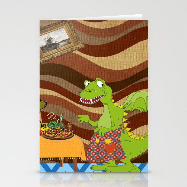 mom dinosaur preparing a delicious pizza. Stationery Cards