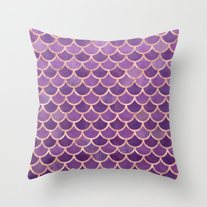 Mermaid Scales Pattern in Purple and Rose Gold Throw Pillow