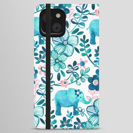 Dusty Pink, White and Teal Elephant and Floral Watercolor Pattern iPhone Wallet Case