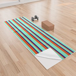[ Thumbnail: Aquamarine, Blue & Red Colored Striped/Lined Pattern Yoga Towel ]