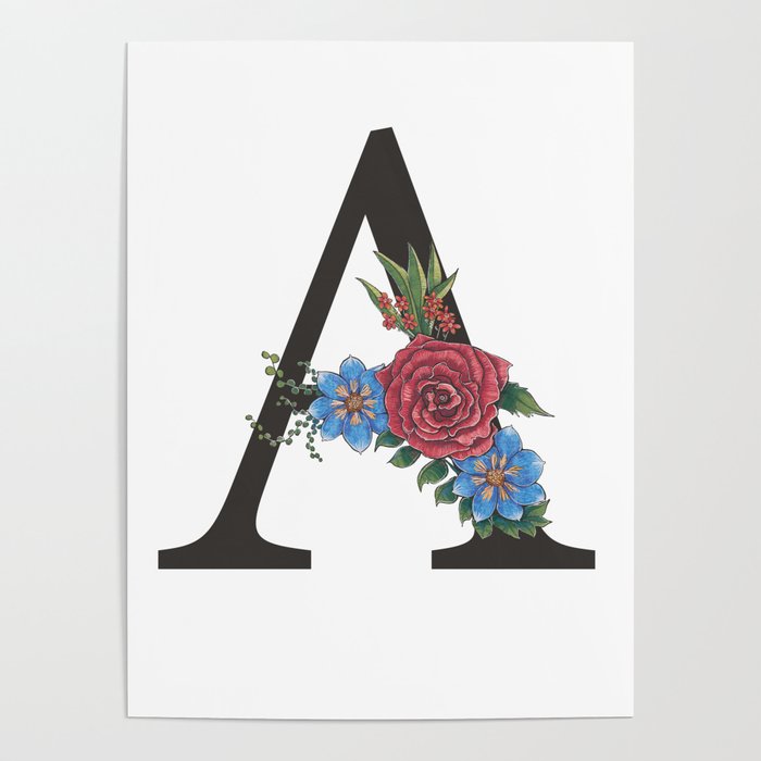 Monogram Letter A with Flowers Poster