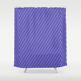 [ Thumbnail: Royal Blue, Midnight Blue, and Plum Colored Stripes/Lines Pattern Shower Curtain ]