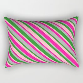 [ Thumbnail: Deep Pink, Dark Gray, Forest Green, and Light Pink Colored Lines/Stripes Pattern Rectangular Pillow ]