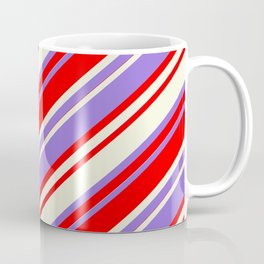 [ Thumbnail: Purple, Red, and Beige Colored Striped Pattern Coffee Mug ]
