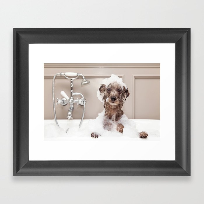 Funny Dog Taking Bubble Bath Framed Art Print