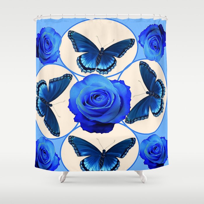 Blue Roses Blue Butterflies Modern Art Shower Curtain By