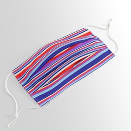 [ Thumbnail: Eye-catching Beige, Red, Dark Orchid, Sky Blue, and Dark Blue Colored Stripes/Lines Pattern Face Mask ]