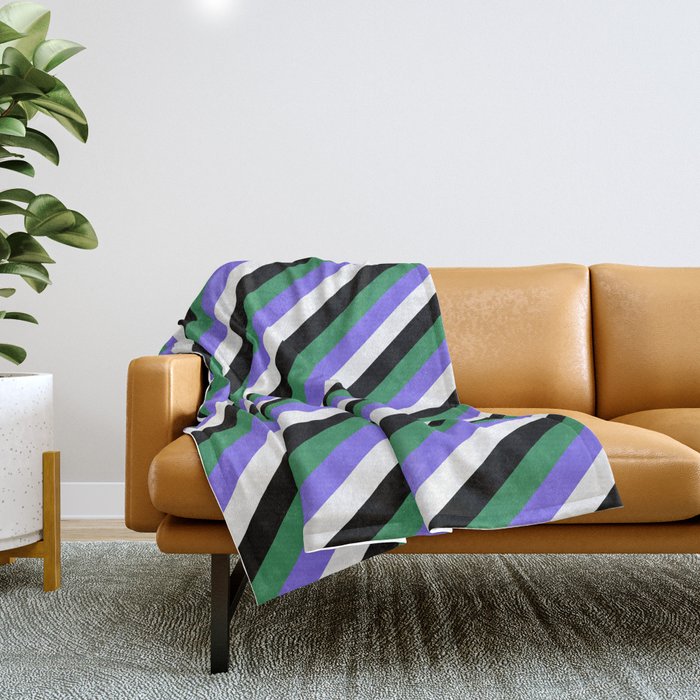 Sea Green, Medium Slate Blue, White & Black Colored Striped/Lined Pattern Throw Blanket