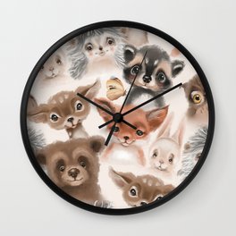 Beautiful seamless, tileable, watercolor pattern with woodland animals - deer, bunny, hedgehog, bear, owl and fox Wall Clock