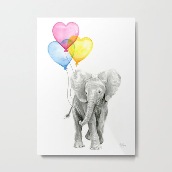 Elephant Watercolor with Balloons Rainbow Hearts Baby Whimsical Animal Nursery Prints Metal Print