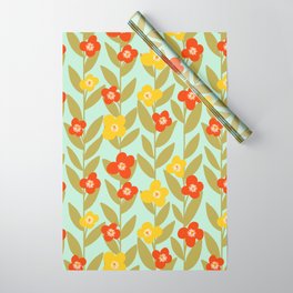 Mid century modern floral and leaves seamless pattern in yellow, red on blue  Wrapping Paper
