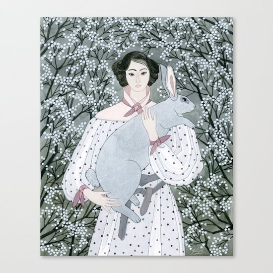 Girl and rabbit among flowers Canvas Print
