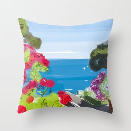 Beautiful terrace view of the sea and flower gardens in Ravello, Amalfi Coast in Italy Throw Pillow