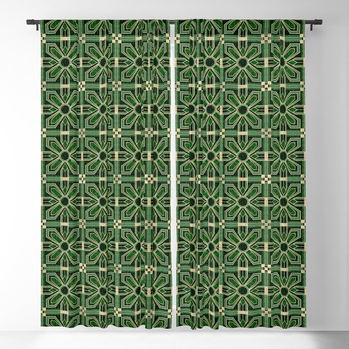 Art Deco Floral Tiles in Emerald Green and Faux Gold Blackout Curtain