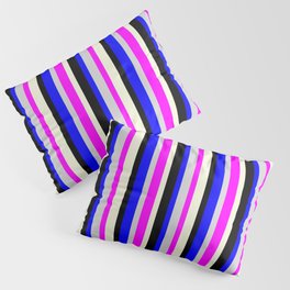 [ Thumbnail: Colorful Light Grey, Blue, Black, Beige, and Fuchsia Colored Stripes Pattern Pillow Sham ]