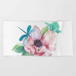 Butterfly and Dragonfly with Flowers Beach Towel