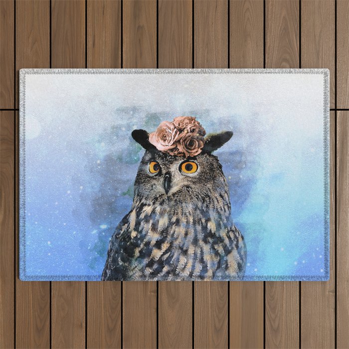 Painting of cute owl with flowers on his head (blue background) - nature Outdoor Rug
