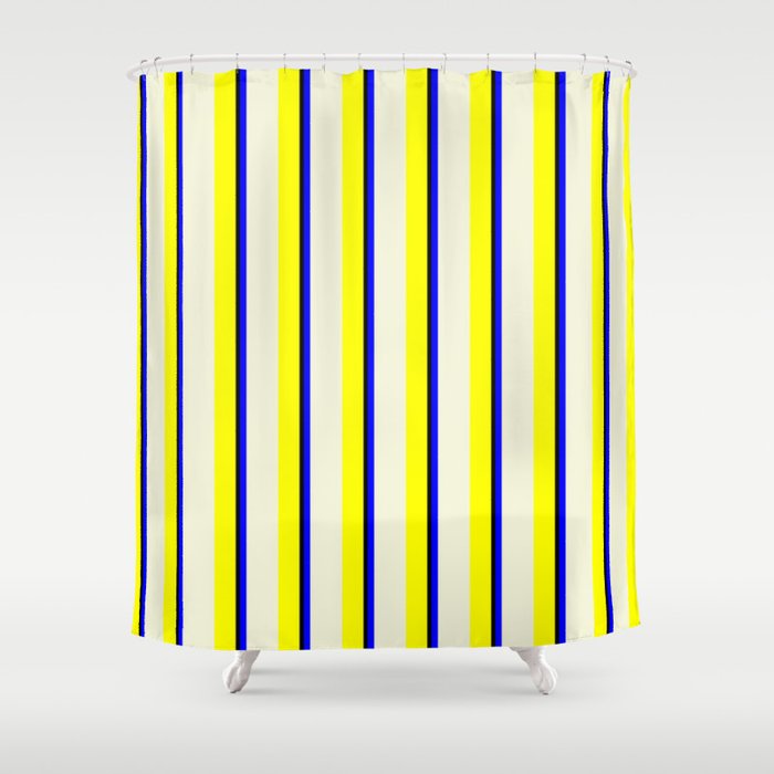 Yellow, Beige, Blue, and Black Colored Lines Pattern Shower Curtain