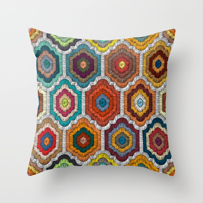 Seamless embroidered pattern in bohemian style. Geometric print patchwork, handwork. Ethnic and tribal motifs. Vintage illustration.  Throw Pillow