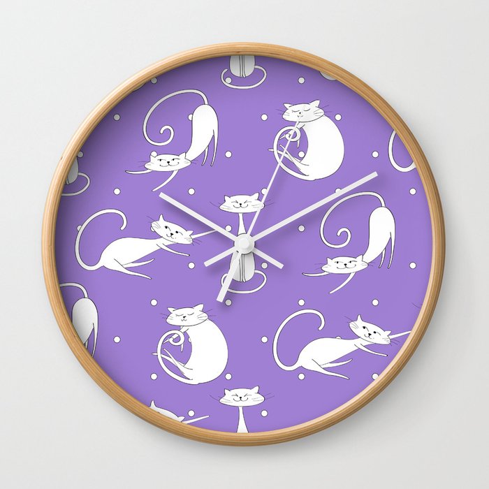 French Cats - White Cats on a Purple Background Wall Clock